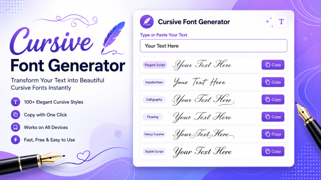 Cursive Font Generator showing stylish Unicode script text that can be copied and pasted for social media, bios, usernames, and messages.