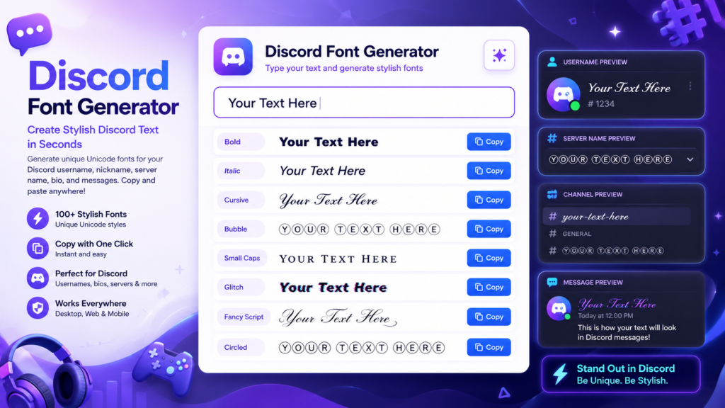 Discord Font Generator interface showing stylish Unicode text for Discord usernames, nicknames, server names, bios, and messages.
