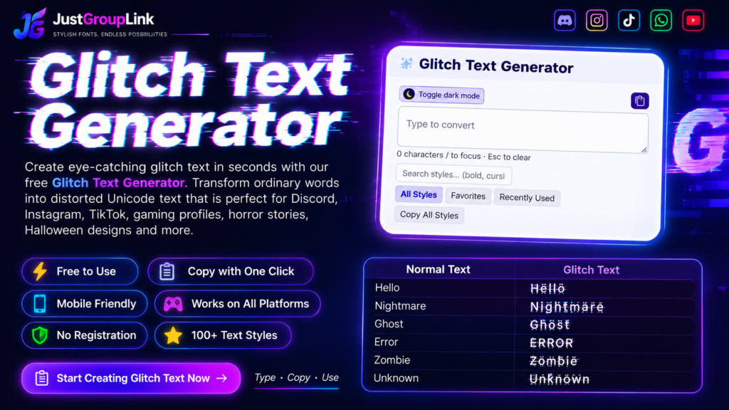Glitch Text Generator interface for creating copy and paste Unicode glitch text with 100+ stylish text effects