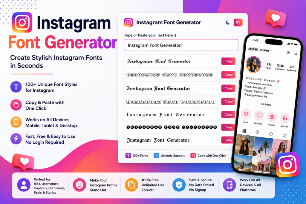 Instagram Font Generator creating stylish Unicode fonts for Instagram bios, usernames, captions, comments, and Stories.