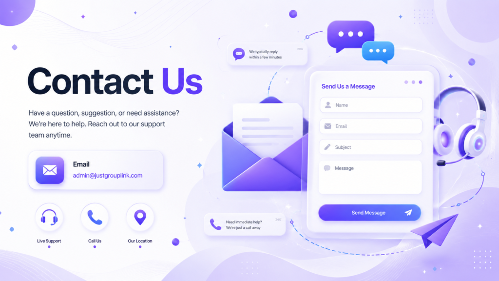 Premium Contact Us hero banner for the JustGroupLink font generator website featuring a modern contact form, email envelope, live chat bubbles, customer support icons, glassmorphism UI cards, and a clean white background with purple and blue accents.