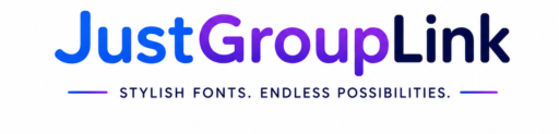 JustGroupLink logo for a free online stylish font generator with blue and purple gradient JG icon.