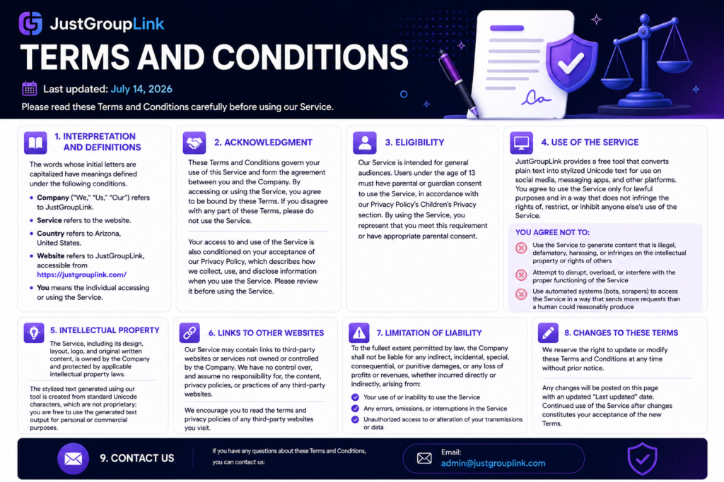 Terms and Conditions page for JustGroupLink outlining user responsibilities, service usage, intellectual property, liability, third-party platforms, dispute resolution, and contact information for the free Unicode font generator.