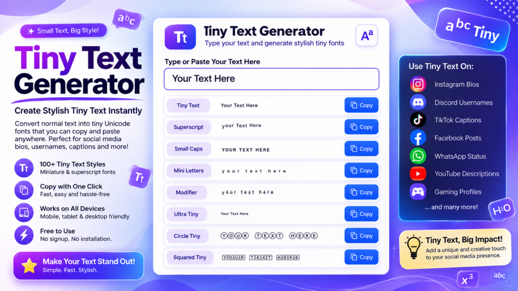 Tiny Text Generator interface showing stylish Unicode tiny text for Instagram bios, Discord usernames, gaming profiles, and social media posts.